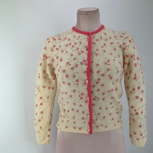 Early 1960'S Cardigan Sweater - BEST & CO. Fifth Avenue - Screen Printed - with Pink on Cream Knit - Size Small