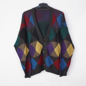 Vintage Dalmine Uomo Colorful Crazy Pattern Cardigan Sweater Size XL Oldschool 90s