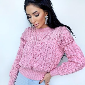 Pink crop soft merino mixture knitted Sweater Women Hand Knitted Jumper Cable Knit Loose Knit Oversized High Waist Knitted Sweater
