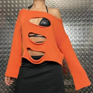 Orange rib knitted crop Long Sleeve Sweater