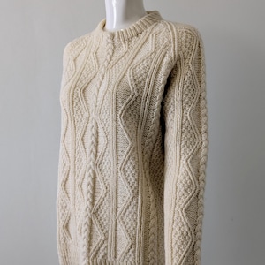 Vintage Hand Knit Pure Wool Fisherman Sweater | 3D Cable Knit Crew Neck Ivory Pullover Sweater