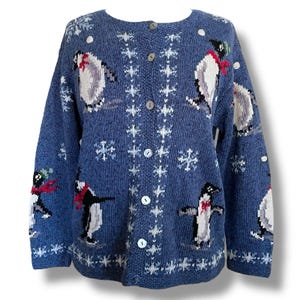 Vintage Talbots Womenâs Cardigan / Size Small Petite / Blue Hand Knit Penguin Sweater / Linen Sweater