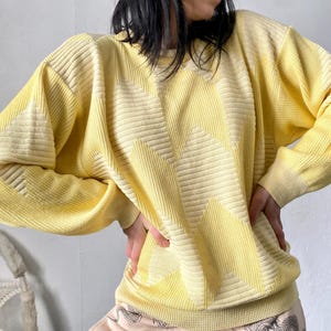 Sunny yellow sweater from PAT RAVA made in Belgium retro 80s, geometric rhombus pullover jumper, light sunny jumper, size 50