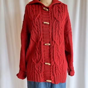 70s fisherman red cable knit cabin sweater long cardigan toggle buttons large