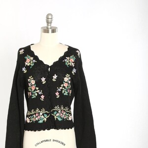 Lovely knit cardigan | Vintage 90s black 3D floral embroidered ramie cotton knit sweater cardigan