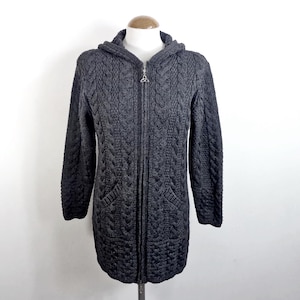 1980s Irish Dark Grey Cable Knit Merino Wool Pixie Hooded Cardigan by Aran Crafts Size S Classic Boho Woodland Pixie Fairy