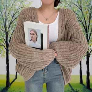 Hand-Knitted Chunky Cardigan – Cozy Oversized Sweater with Lantern Sleeves, Vintage Cottagecore Knitwear