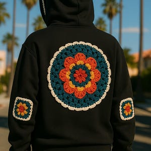 Handmade Black Hoodie with Crochet Embroidery – Cozy Boho Sweatshirt – Unique Hand-Knitted Streetwear – Warm & Stylish